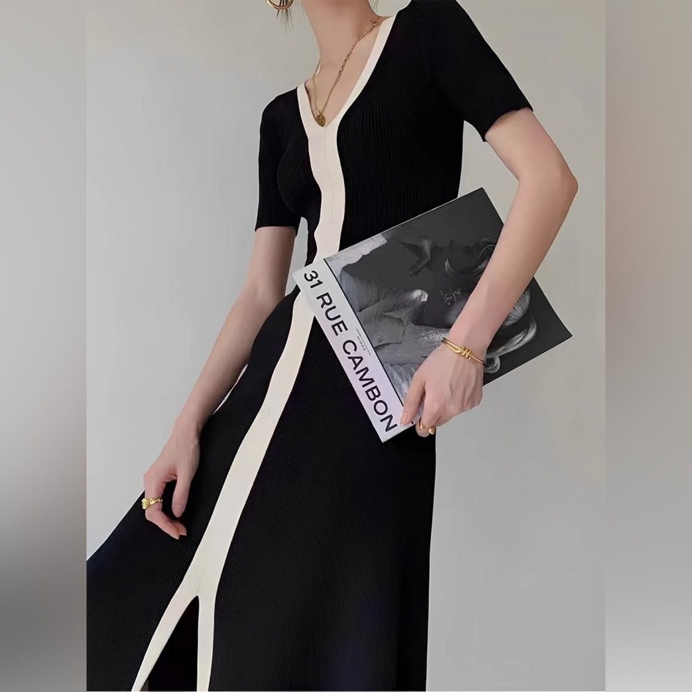 Two Tone Black and Cream V-Neck Knit Slit Midi Dress - Picture 2 of 6